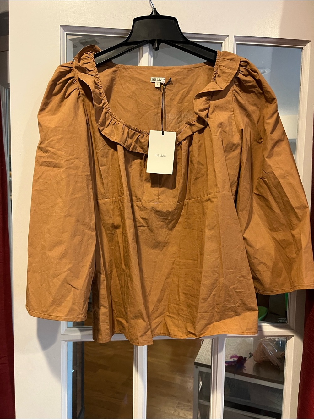 Ruffle-Neck Puff Sleeve Blouse in Caramel